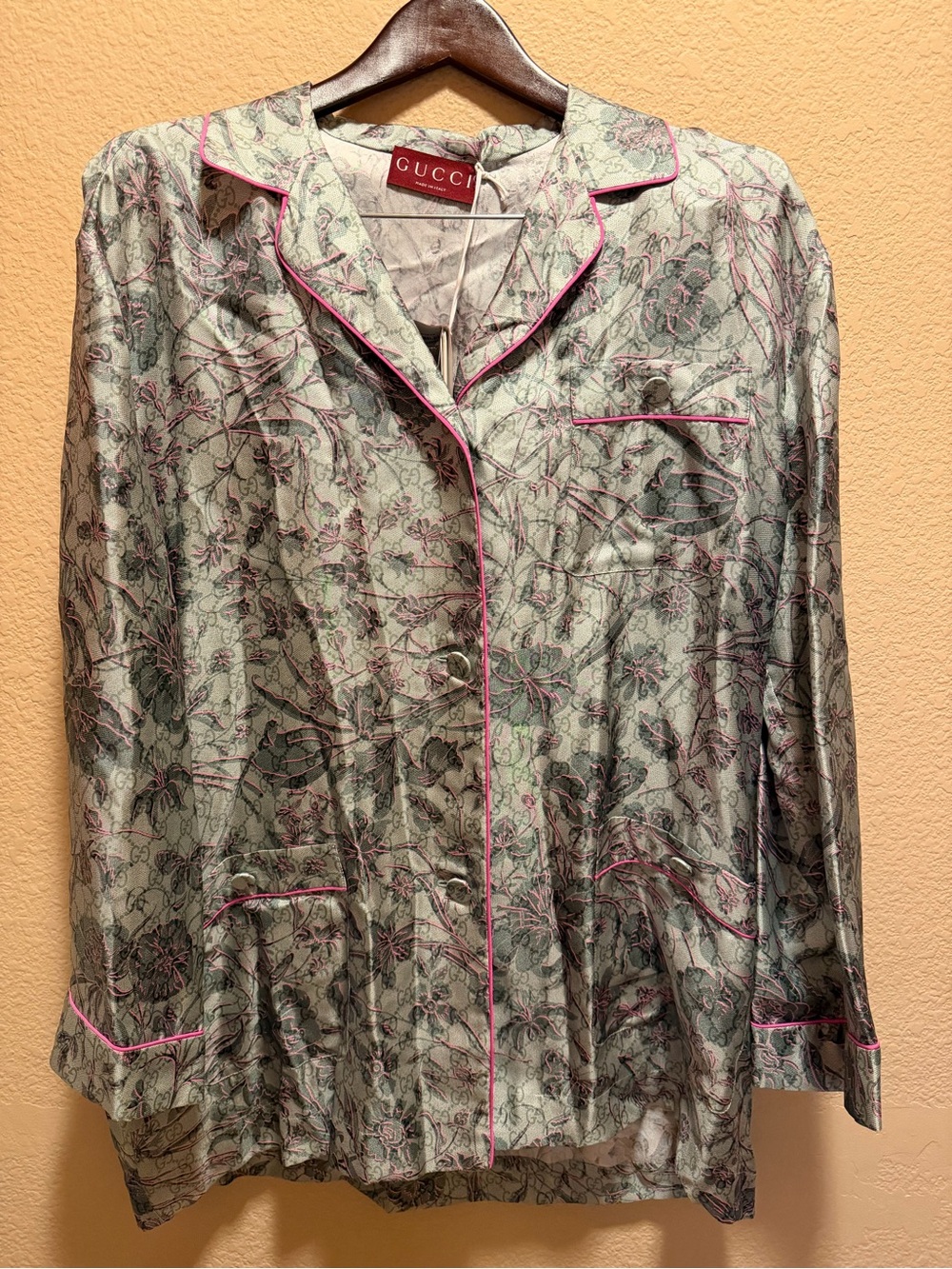 New Gucci GG Supreme Logo Floral Silk Pajamas Sleepwear Green Pink Size 44 US L - Picture 8 of 14
